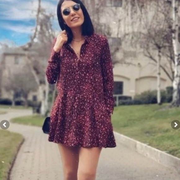 (B4) Zara TRF Red Black Leopard Animal Print Relaxed Button Front Shirt Dress L - Picture 2 of 6